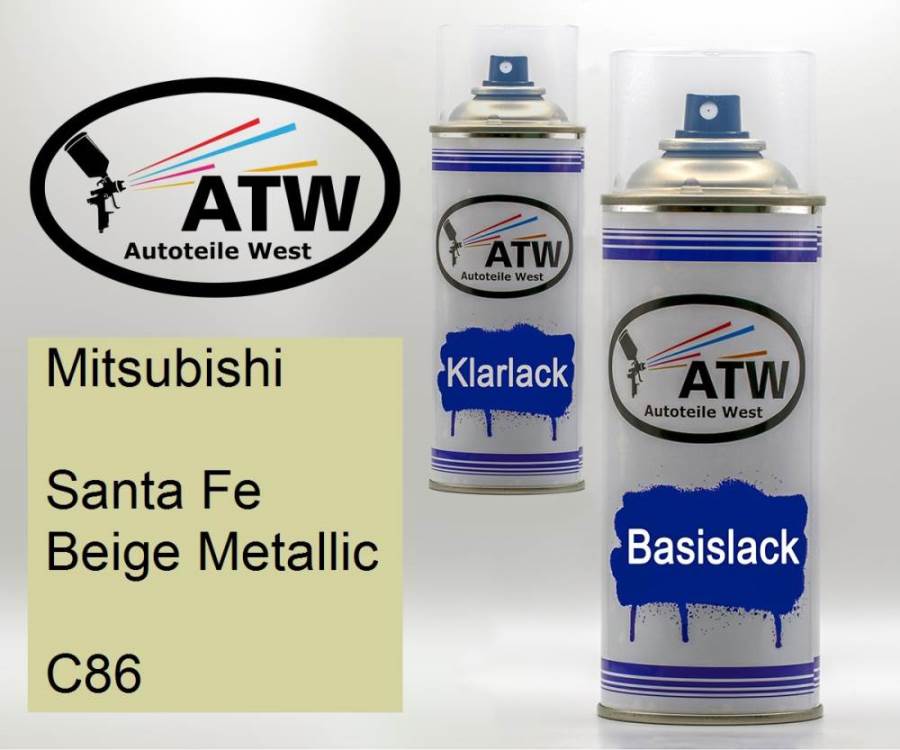 Mitsubishi, Santa Fe Beige Metallic, C86: 400ml Sprühdose + 400ml Klarlack - Set, von ATW Autoteile West.
